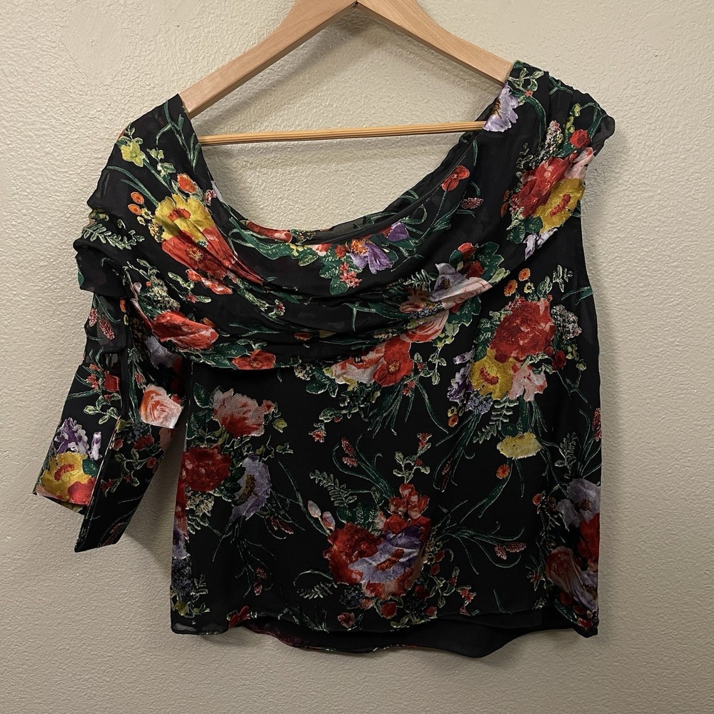 Alice & Olivia Asymmetrical Floral Top Velvet Overlay Whimsygoth Moody Size S /P - Picture 6 of 9